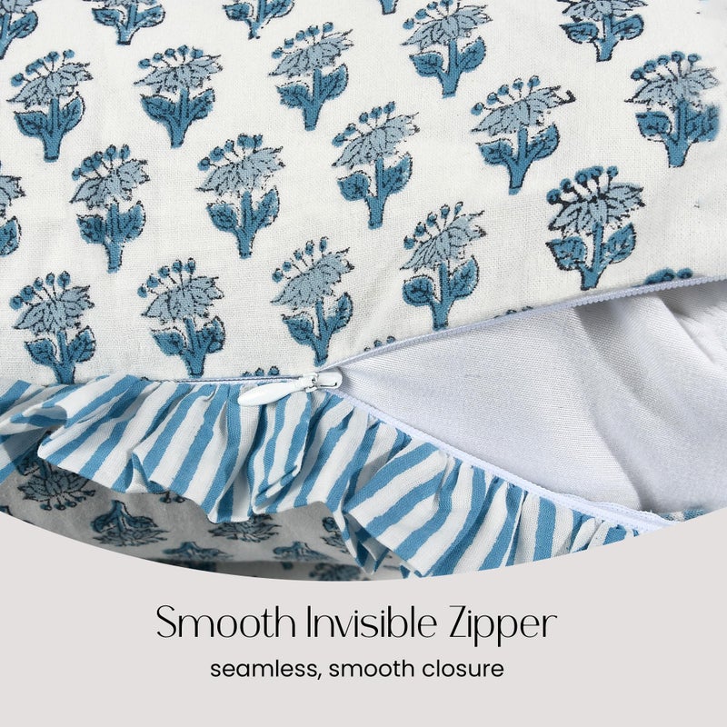 CPC COTTON PRINT CLU CPC Apatite Blue 100% Cotton Block Print Ruffle Sham Cover 14x36 inch  Handmade Boho Floral Pillowcase  Farmhouse Cottagecore Bedding  Soft Decorative Cushion Cover for Bedroom D?cor - Image 3